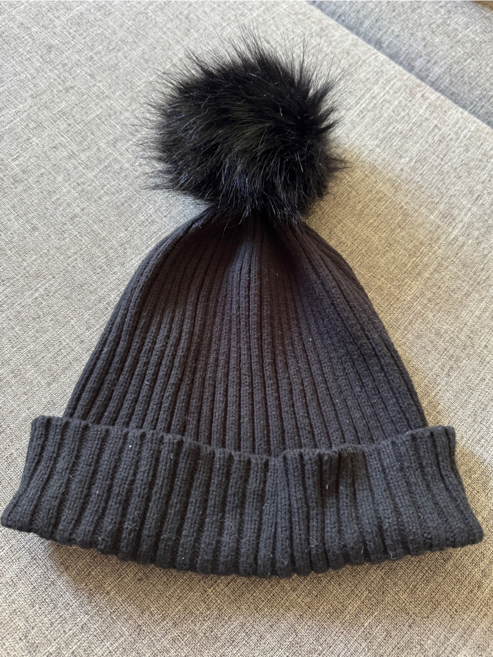Black Ribbed Knit Beanie with Faux Fur Pom